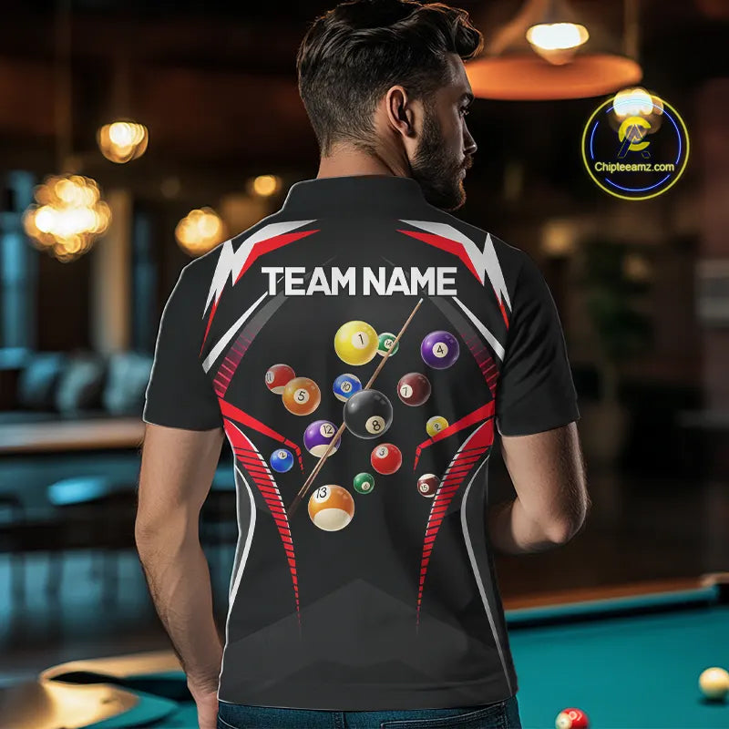 Black & Red Ball Pool Team Shirts Men's Billiard Polo & 1/4-Zip Personalized Billiard Gifts NYN2396