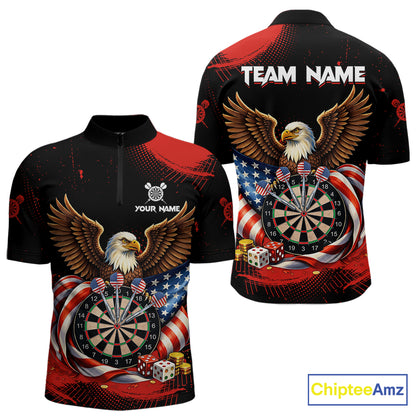 Personalized Red Grunge US Flag Eagle Dart Shirts For Men Patriotic Dart Polo & 1/4-Zip Jersey NYN2780