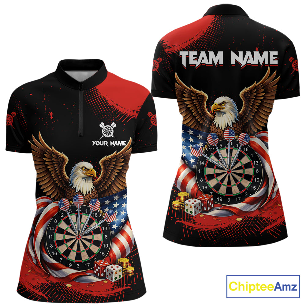 Personalized Red Grunge US Flag Eagle Dart Shirts For Women Patriotic Dart Polo & 1/4-Zip Jersey NYN2780