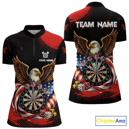Personalized Red Grunge US Flag Eagle Dart Shirts For Women Patriotic Dart Polo & 1/4-Zip Jersey NYN2780
