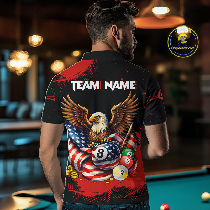 Custom Red Grunge US Flag Eagle Billiard Pool Shirts For Men 8 Ball Patriotic Billiard Team Attire NYN2781