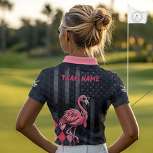 Load image into Gallery viewer, Custom Black Patriotic Golf Polo Shirts For Women, Funny Flamingo Best Golf Clothing Shirts NYN2995