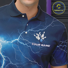 Load image into Gallery viewer, Custom Mens Bowling Thunder Lightning Shirts, Fire Flame Bowling Team Jerseys | Blue NYN3419