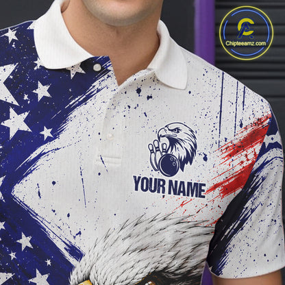 Male bowler wearing custom eagle bowling jersey during USBC championship, premium athletic apparel for patriotic Americans, veterans, wildlife lovers and competitive bowlers, symbolizing strength, leadership, honor and victory.