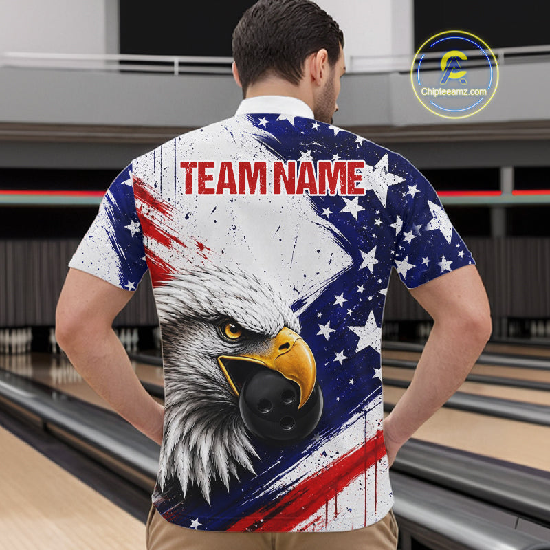 Male bowler wearing custom eagle bowling jersey during USBC championship, premium athletic apparel for patriotic Americans, veterans, wildlife lovers and competitive bowlers, symbolizing strength, leadership, honor and victory.