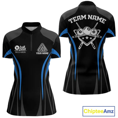 Black And Blue 8 Ball Pool Women Billiard Polo & 1/4-Zip Shirt Custom Pool Team Billiard Shirts NYN2401