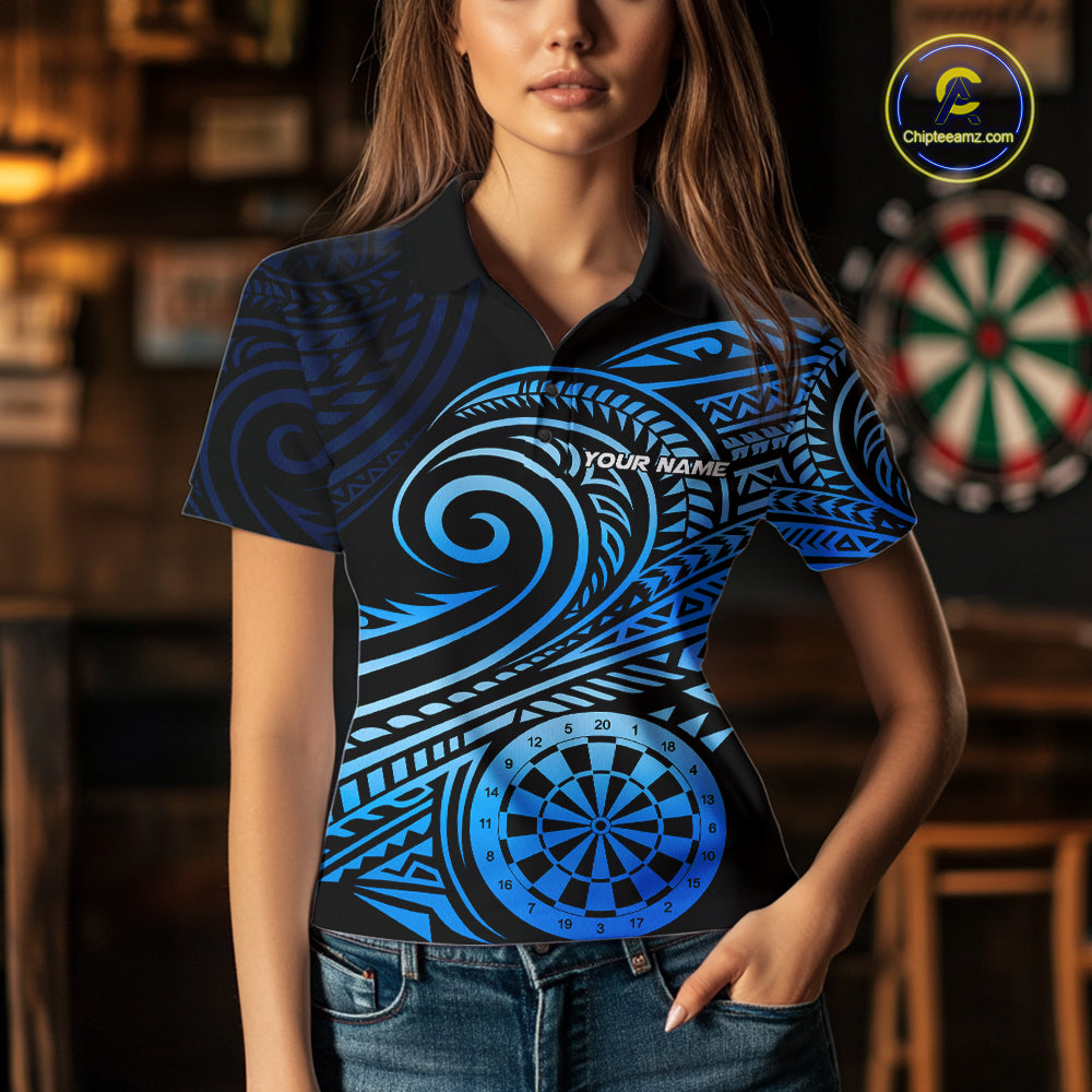 Black Blue Tribal Pattern Women Darts Polo & 1/4-Zip Shirt Personalized Tribal Dart Team Appeal NYN3007