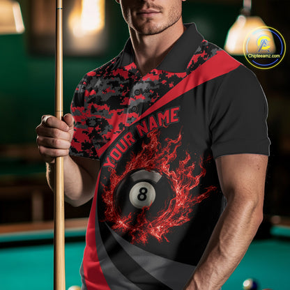Flame 8 Ball & 9 Ball Billiard Pool Shirt For Men Custom Black And Red Camo Billiard Team Attire NYN3430