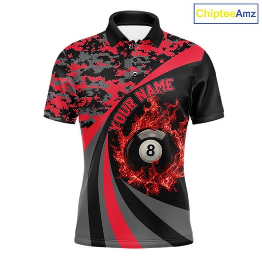 Black Red Camo Flame 8 Ball 9 Ball Pool Shirt For Men Custom Billiard Team Jersey