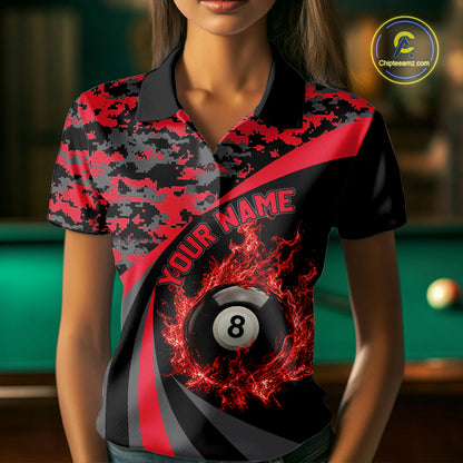Flame 8 Ball & 9 Ball Billiard Pool Shirt For Women Custom Black And Red Camo Billiard Team Attire NYN3430