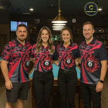 Load image into Gallery viewer, Flame 8 Ball &amp; 9 Ball Billiard Pool Shirt For Men Custom Black And Red Camo Billiard Team Attire NYN3430