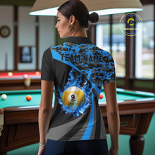 Load image into Gallery viewer, Flame 8 Ball &amp; 9 Ball Billiard Pool Shirt For Women Custom Black And Blue Camo Billiard Team Attire NYN3431