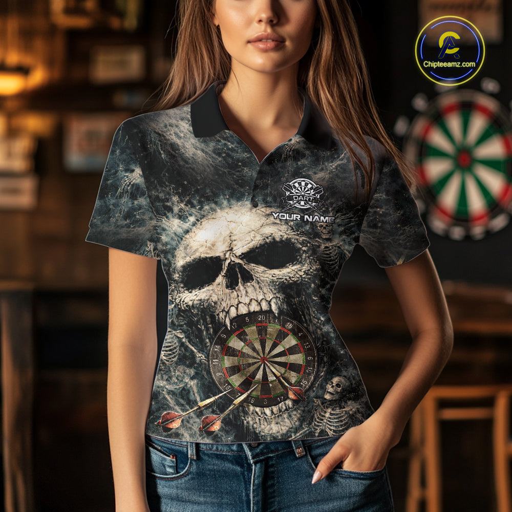 Grunge Horror Grey Skull Vintage Dartboard & Arrow Women Darts Polo Shirt Custom Dart League Shirts NYN2642