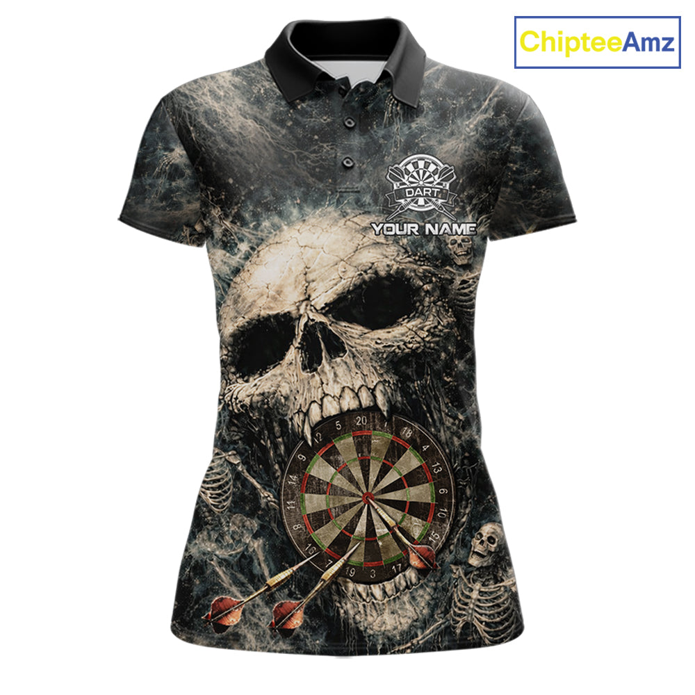 Grunge Horror Grey Skull Vintage Dartboard & Arrow Women Darts Polo Shirt Custom Dart League Shirts NYN2642