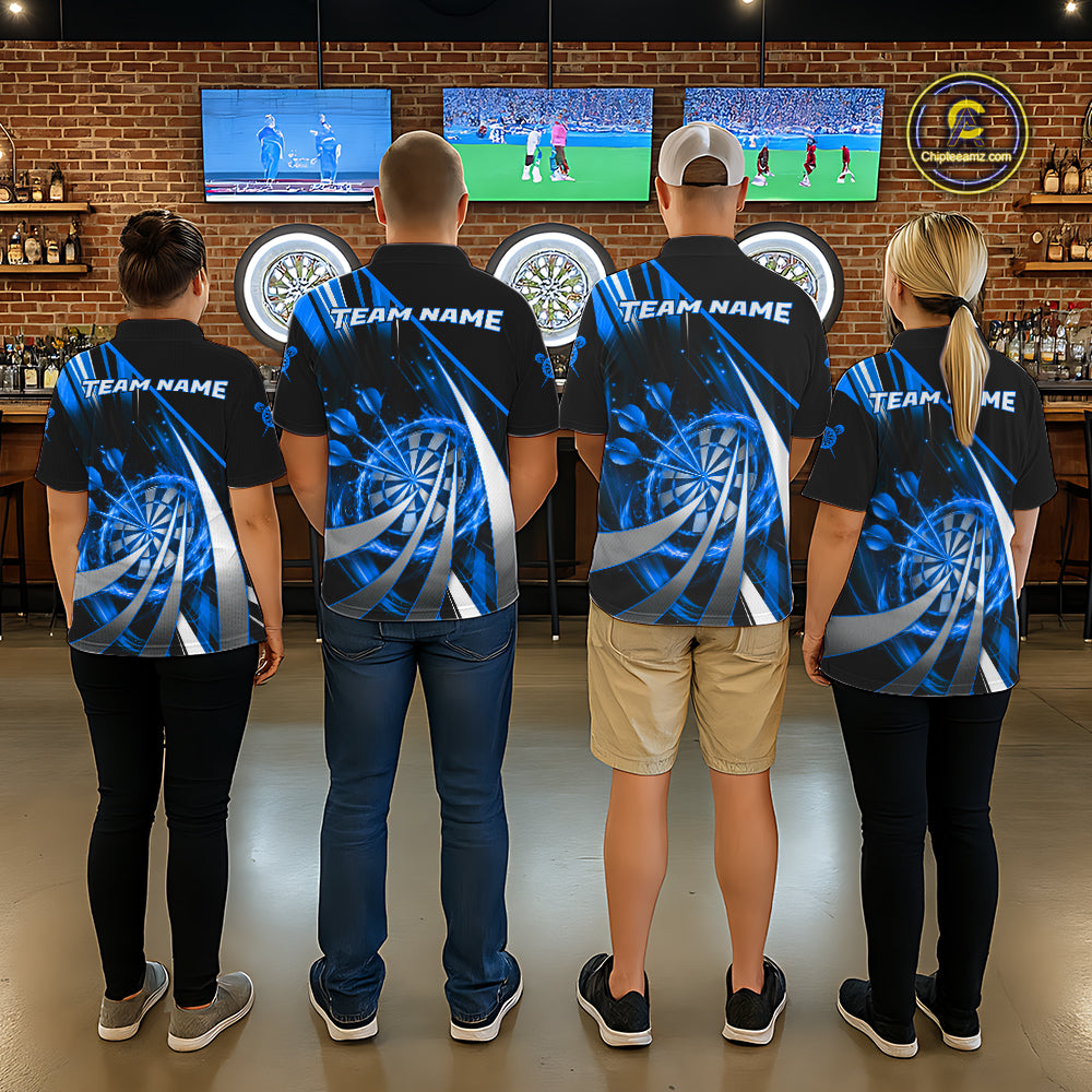Custom Blue Flaming Dartboard & Arrow Men Darts Polo & 1/4-Zip Shirts Dart Team Jerseys NYN2799
