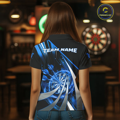 Custom Blue Flaming Dartboard & Arrow Women Darts Polo & 1/4-Zip Shirts Dart Team Jerseys NYN2799