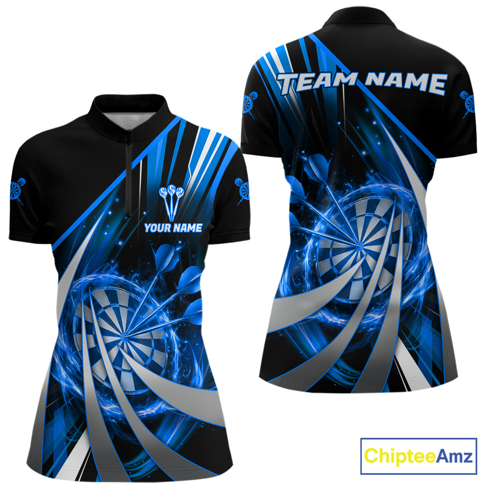 Custom Blue Flaming Dartboard & Arrow Women Darts Polo & 1/4-Zip Shirts Dart Team Jerseys NYN2799