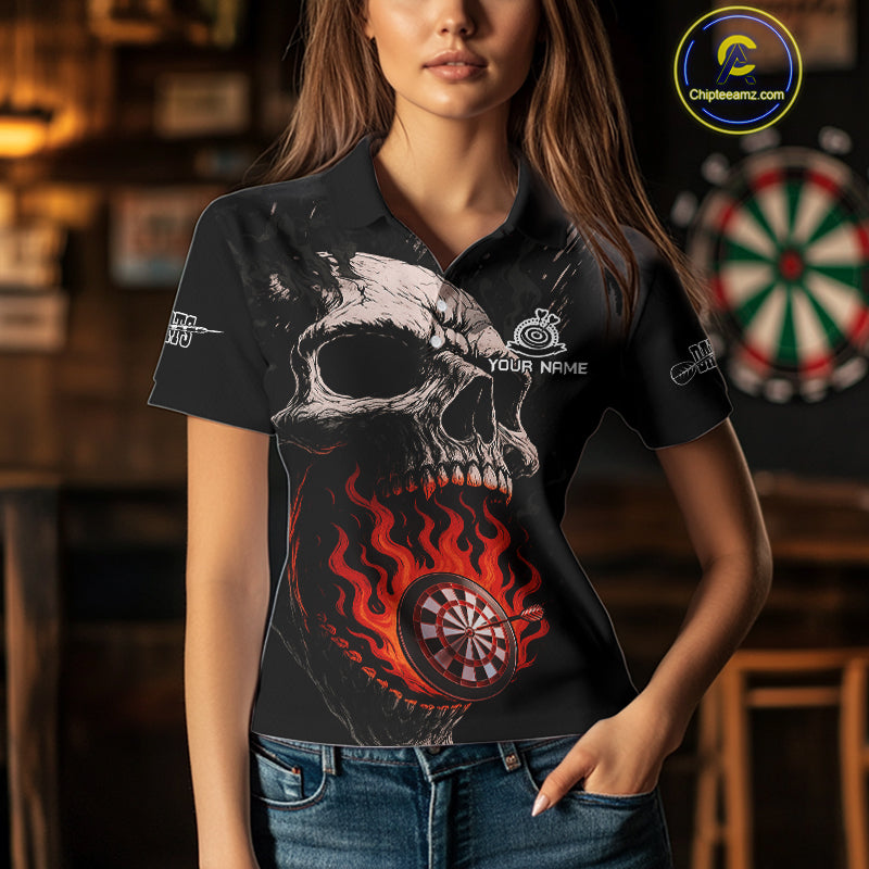 Custom Red Flames Skull Dartboard Dart Women Polo Shirt Grunge Dart Team Jerseys NYN1613