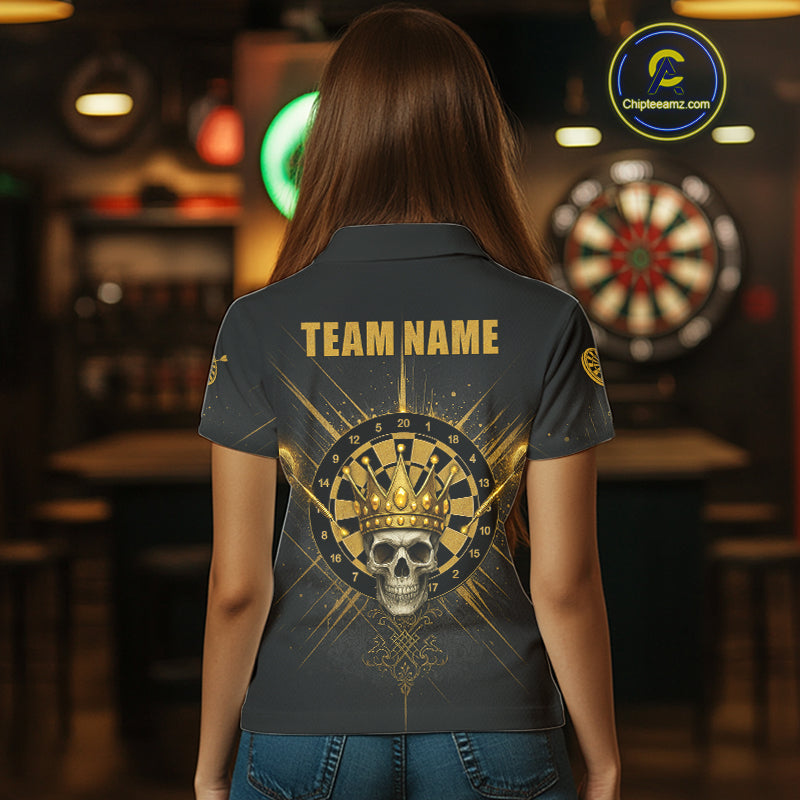 Black And Gold Crown Dartboard Skull Custom Women's Darts Polo Shirt Dart Jerseys NYN1900