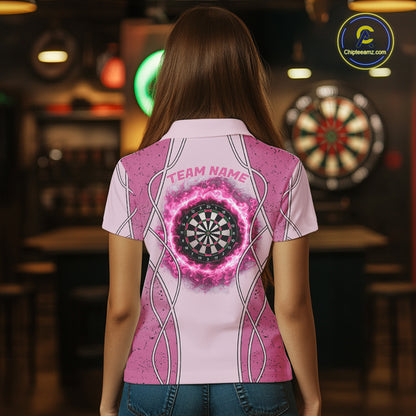 Personalized Grunge Pink Flaming Dartboard Women Darts Polo & 1/4-Zip Shirts Dart Team Jerseys NYN2810