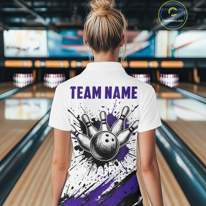 Black And Purple Splatter Paint Bowling Ball & Pins Shirts Custom Team Bowling Attire For Men NYN3448