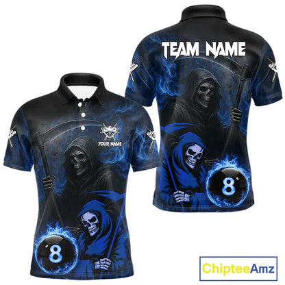 Blue Flames 8 Ball Pool Billiard Team Shirt For Men Custom Grim Reaper Billiard Balls Jerseys NYN2440