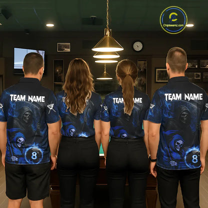 Blue Flames 8 Ball Pool Billiard Team Shirt For Men Custom Grim Reaper Billiard Balls Jerseys NYN2440
