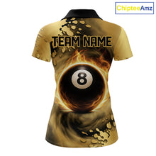 Load image into Gallery viewer, Custom Black And Gold Splatter Billiard Pool Shirts For Women Flame 8 Ball Billiard Team Attire NYN3018