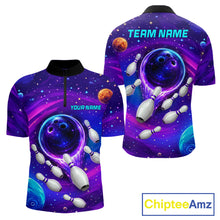 Load image into Gallery viewer, Men's purple blue abstract quarter zip bowling shirt custom bowling jersey mockup