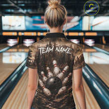 Load image into Gallery viewer, Woman wearing funny deer grunge forest bowling shirt custom bowling apparel