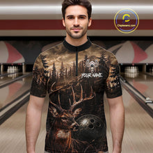 Load image into Gallery viewer, Man wearing funny deer grunge forest bowling shirt custom bowling apparel