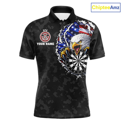 Patriotic American Flag Skull Eagle Camo Women's Darts Polo Shirt Mockup, Black Custom USA Dart Team Jersey, Personalized Tournament Apparel