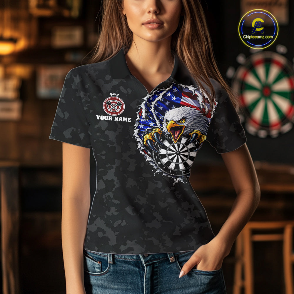 Female model wearing Patriotic Skull Eagle Black Women's Darts Polo, Personalized USA League Apparel