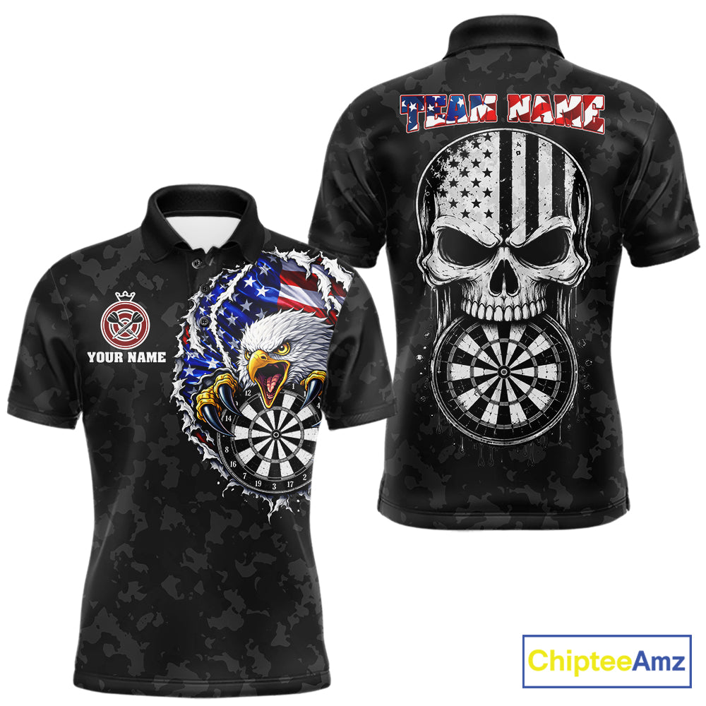 Patriotic American Flag Skull Eagle Camo Women's Darts Polo Shirt Mockup, Black Custom USA Dart Team Jersey, Personalized Tournament Apparel