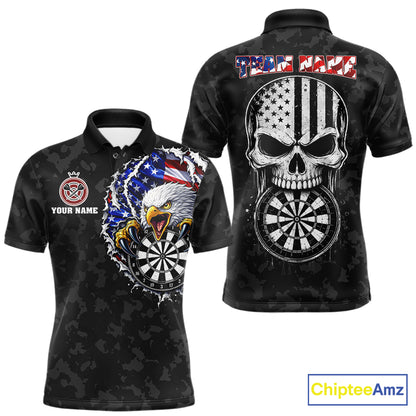 Patriotic American Flag Skull Eagle Camo Women's Darts Polo Shirt Mockup, Black Custom USA Dart Team Jersey, Personalized Tournament Apparel