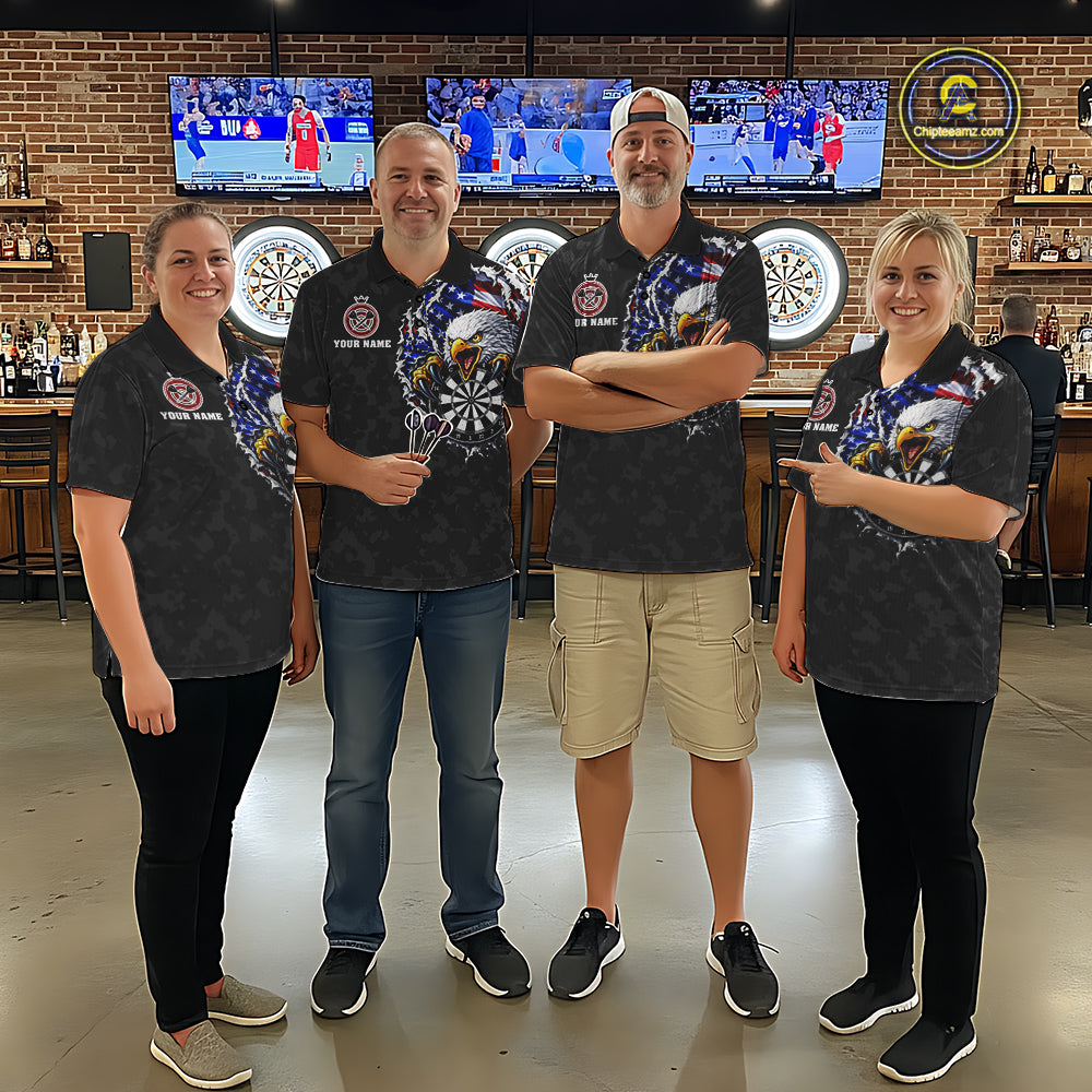 Dart team wearing Patriotic Skull Eagle Black Custom Jerseys, USA Dart Tournament Team Uniforms