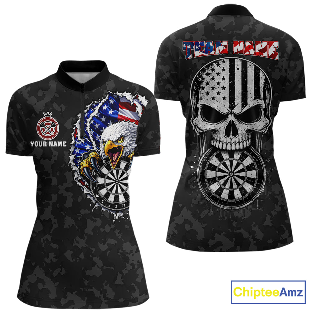 Patriotic USA Flag Skull Eagle Women's Quarter-Zip Darts Shirt Mockup, Black Custom Dart Tournament Jersey