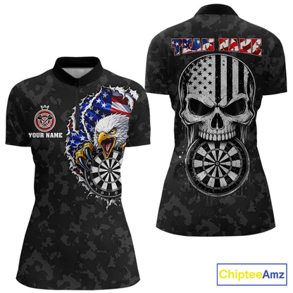 Patriotic USA Flag Skull Eagle Women's Quarter-Zip Darts Shirt Mockup, Black Custom Dart Tournament Jersey