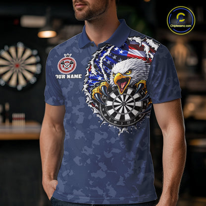 Male model wearing Patriotic Skull Eagle Blue Darts Polo, Personalized USA Tournament Jersey