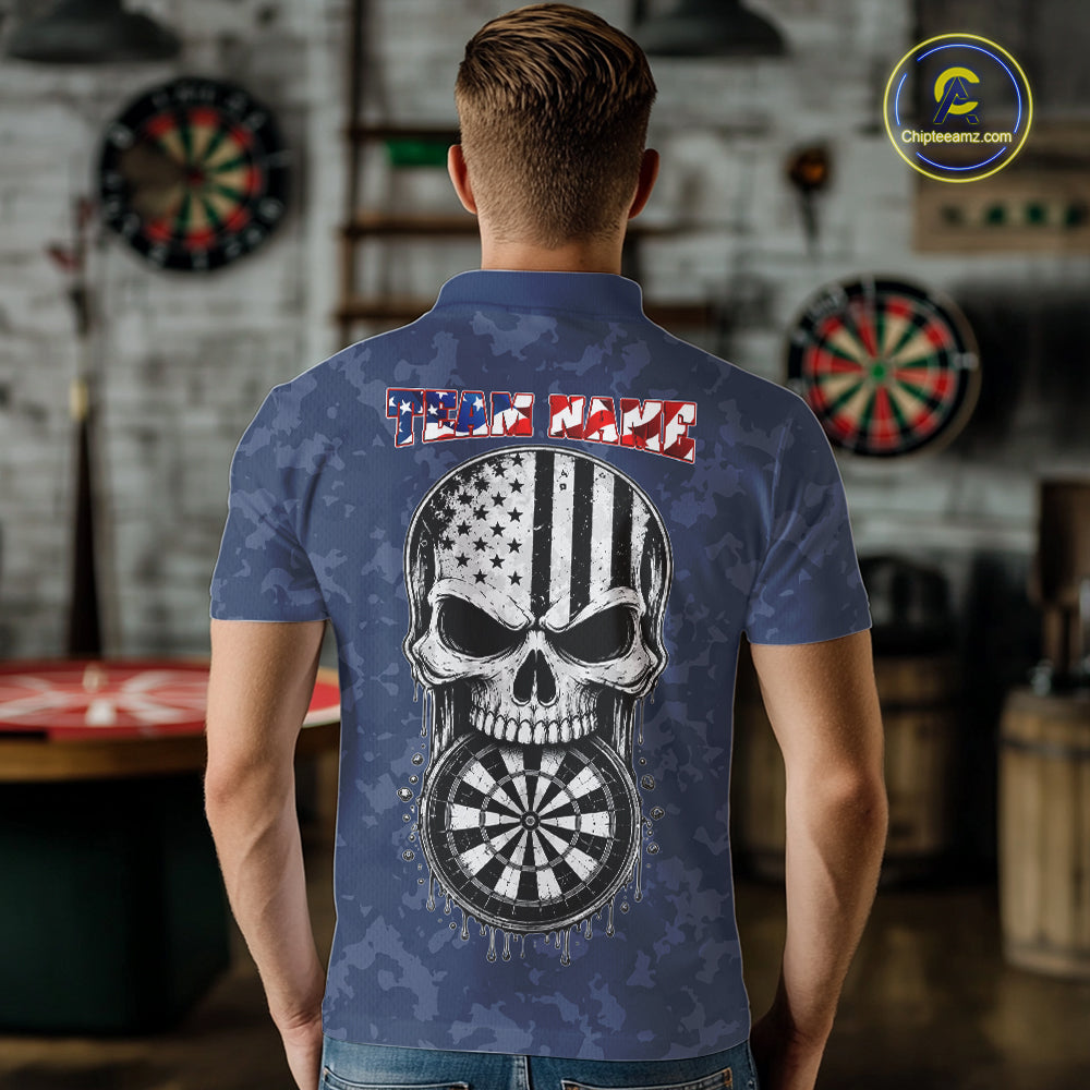 Male model wearing Patriotic Skull Eagle Blue Darts Polo, Personalized USA Tournament Jersey