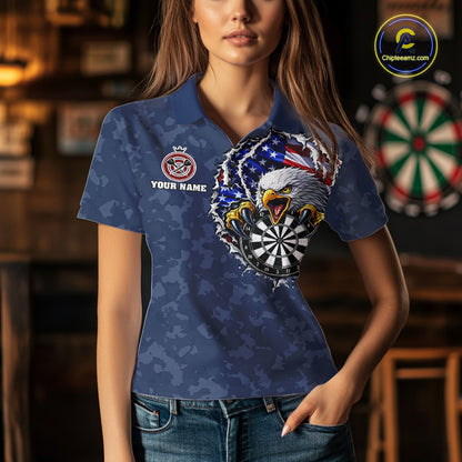 Female model wearing Patriotic Skull Eagle Blue Women's Darts Polo, Personalized USA League Apparel