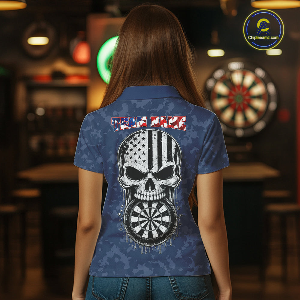 Female model wearing Patriotic Skull Eagle Blue Women's Darts Polo, Personalized USA League Apparel