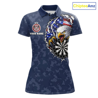 Patriotic American Flag Skull Eagle Camo Women's Darts Polo Shirt Mockup, Blue Custom USA Dart Team Jersey, Personalized Tournament Apparel