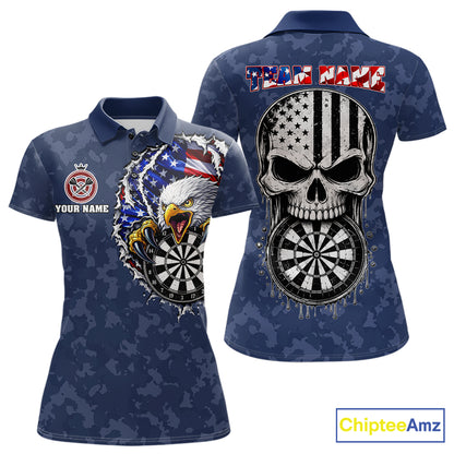 Patriotic American Flag Skull Eagle Camo Women's Darts Polo Shirt Mockup, Blue Custom USA Dart Team Jersey, Personalized Tournament Apparel