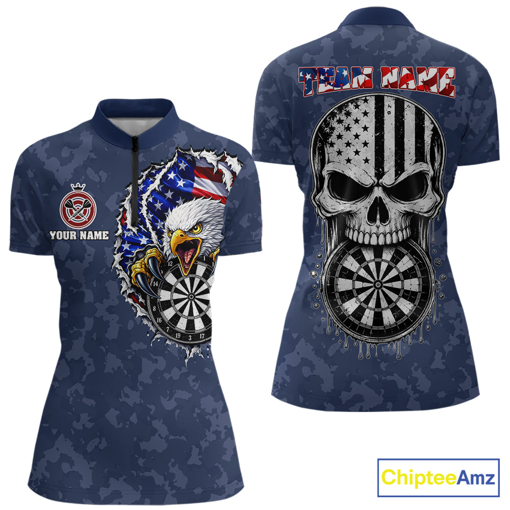 Patriotic USA Flag Skull Eagle Women's Quarter-Zip Darts Shirt Mockup, Blue Custom Dart Tournament Jersey