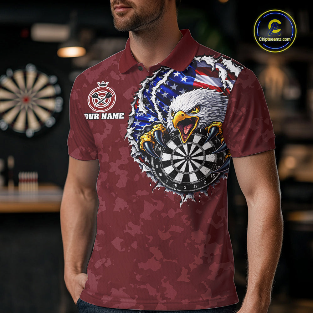 Male model wearing Patriotic Skull Eagle Red Darts Polo, Personalized USA Tournament Jersey