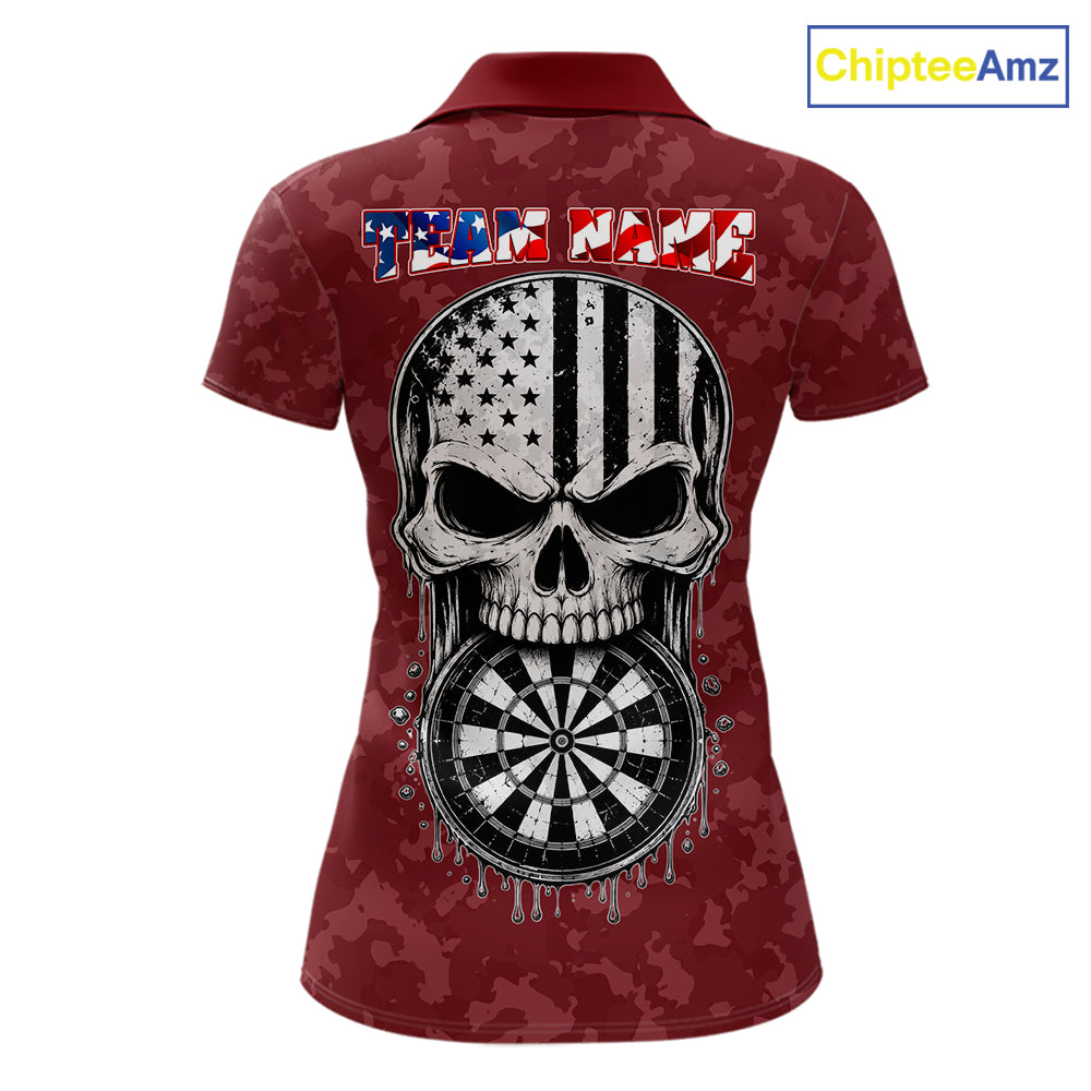 Patriotic American Flag Skull Eagle Camo Women's Darts Polo Shirt Mockup, Red Custom USA Dart Team Jersey, Personalized Tournament Apparel