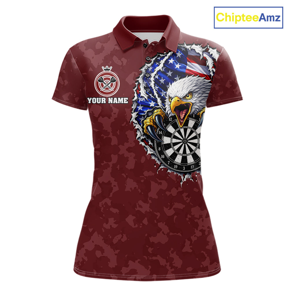 Patriotic American Flag Skull Eagle Camo Women's Darts Polo Shirt Mockup, Red Custom USA Dart Team Jersey, Personalized Tournament Apparel