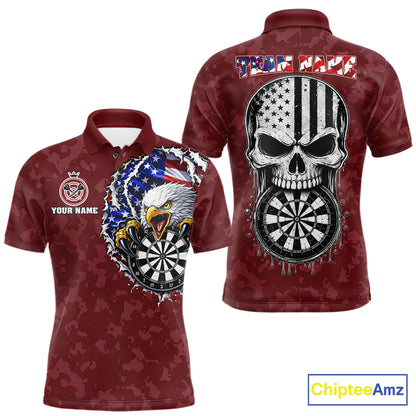 Patriotic USA Flag Skull Eagle Men's Polo Darts Jersey Mockup, Red Personalized League Shirt