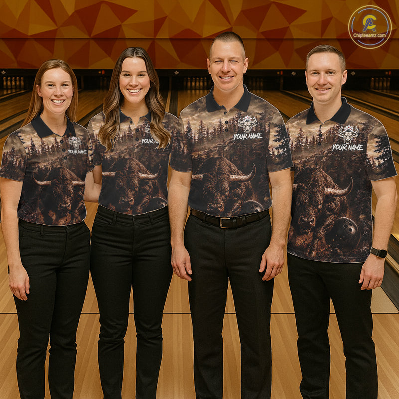 Funny Bull Bowling Shirts For Men Custom Grunge Forest Polo & 1/4 Zip Bowling Team Jersey NYN3731